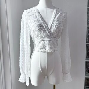 Retro Boho White Lace Cropped Wrap Top L Textured Polka Dot Sheer Ruffled